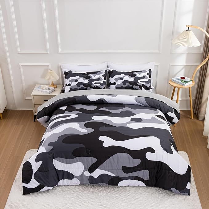 Meeting Story Camouflage Bedding Set, Colorful Pattern Style Comforter Set, 5 PCS One Comforter Two Pillowcases Two Sheets in One Bag, All Season Bedspread for Teens Adults (Grey,Queen5pcs