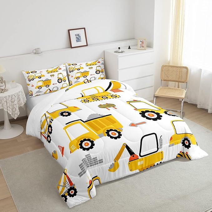 Cartoon Car Comforter Set Kids Construction Comforter for Boys Equipment Trucks Bedding Set Breathable Cartoon Yellow Car Excavator Tractor Duvet Set Room Decor Quilt Set Full Size