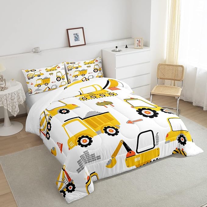 Feelyou Cartoon Car Comforter Set Kids Construction Comforter for Boys Equipment Trucks Bedding Set Breathable Cartoon Yellow Car Excavator Tractor Duvet Set Room Decor Quilt Set Twin Size