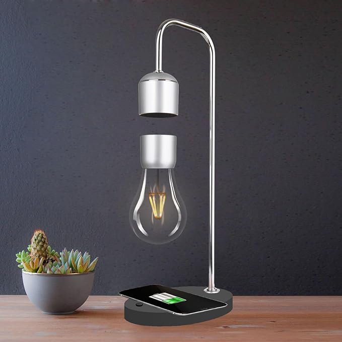 Magnetic Levitating Lamp with Wireless Phone Charger for iPhone Pro Max Floating Light Bulb LED Night Light Table Lamp Levitation Desk Lamp for Christmas Gift Bedroom Office Decoration