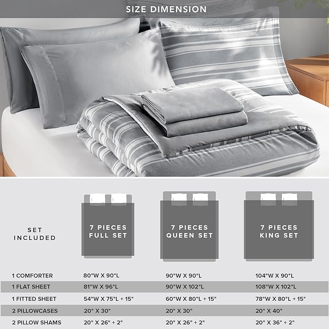 Queen Size Bed in a Bag, Full Bedding Sets, Modern Farmhouse Grey and White Striped Comforter with Sheets, 7-Piece Complete Bedroom Set