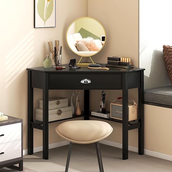 Nightcore Small, Wood Computer Desk, Compact Writing w/Drawer & Storage Shelves, Space Saving Study Workstation, Laptop PC Corner Table, Coffee