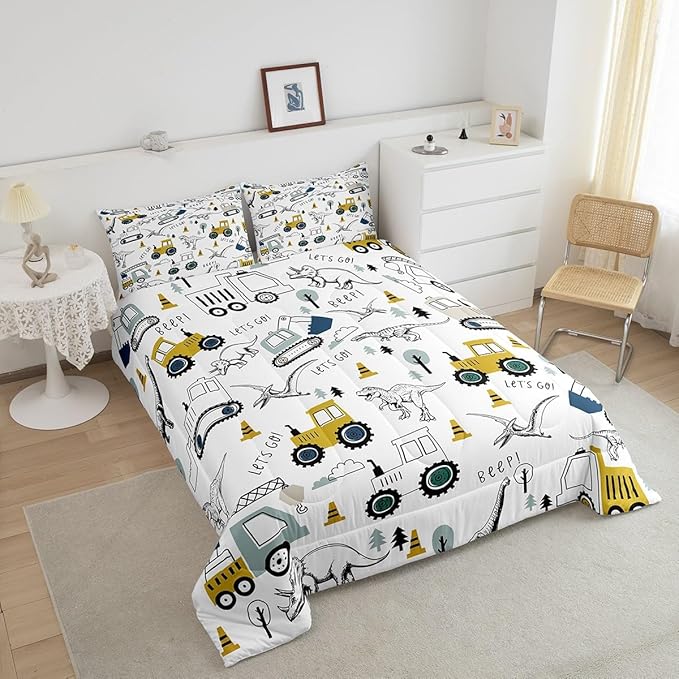 Construction Comforter Set Full Size Kids Cartoon Car Excavator Tractor Toddler Comforter Equipment Trucks Dinosaur Comforter Set Construction Vehicles White Yellow Duvet Set Quilt Set