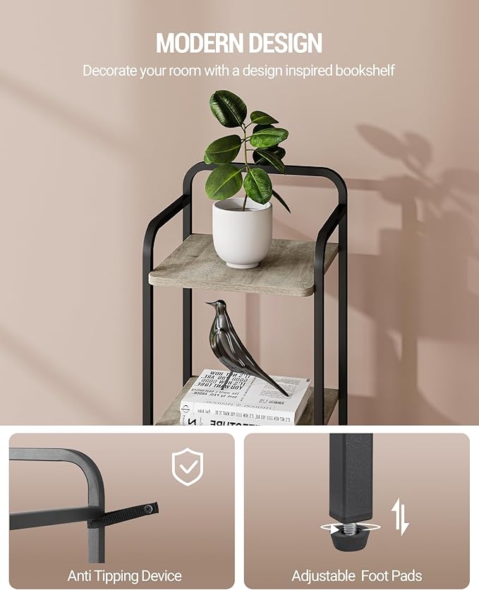 Bookcase Bookshelf, Narrow Book Shelf, Industrial Coner Shelf Storage Organizer, Slim Shelving Unit for Home Office, Living Room, Bedroom, Kitchen, 4-Tier Greige BC24405B