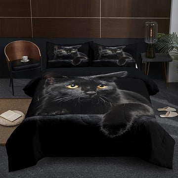NINENINE Cat Comforter Bedding Set Twin for Girls Kids,Black Cat Lying on The Black Sofa Pattern Printed Bedding Set,Black Comforter Set,Soft Breathable Microfiber Quilt with Matching Pillowcase#5005