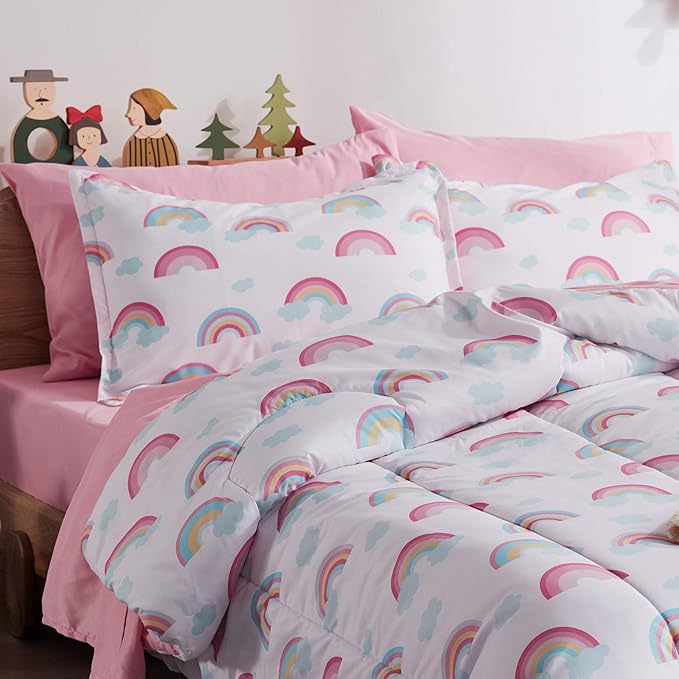 SLEEP ZONE Kids Twin Bedding Comforter Set - Super Cute & Soft Kids Bedding 5 Pieces Set with Comforter, Sheet, Pillowcase & Sham (Pink Rainbow)