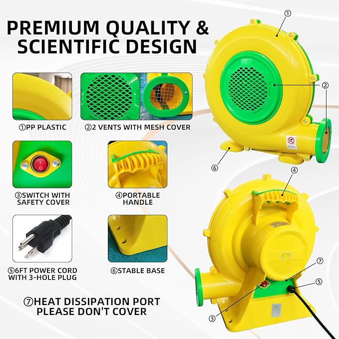 Air Blower, QILEBA Powerful Bounce House Blower for Inflatables, Portable Inflatable Bubble House Blower Fan Pump for Spray Booth, Bouncy Castle, Jumper, Water Slid, Blower Corded (1100W)