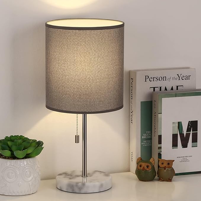SEHERTIWY Bedside Lamps, Desk Lamps with Pull Chain, Nightstand Lamps with Marble Base and Silver Metal, Lamp for Bedroom, Living Room, Reading Room, Office-Grey