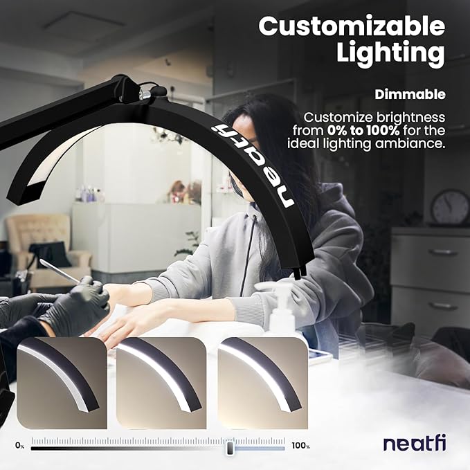 Neatfi Half Moon LED Table Lamp for Estheticians, Nail Tech, and Cosmetician for Nail Art, Facial, Waxing, Threading and Tattoo (with Clamp, Black)