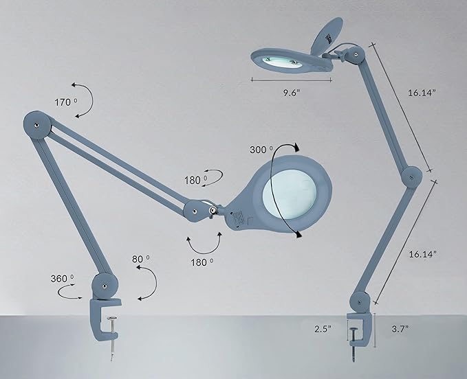 (New Model) Neatfi Bifocals 1,200 Lumens Super LED Magnifying Lamp with Clamp, 5D + 20D, Dimmable, 60 Pcs SMD LED, 5 Inches Diameter Lens (5 Diopter + 20 Diopter, Gray)
