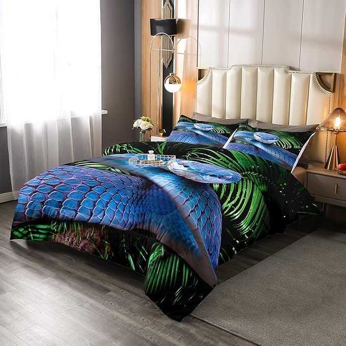 Erosebridal Snake Comforter Set Full, Blue Snake Down Comforter, 3D Reptile Bedding Set, Blue Scales Quilt Set, Palm Leaf Wild Animal Stylish Duvet Set for Kids Boys Teens Man Bedroom Decor