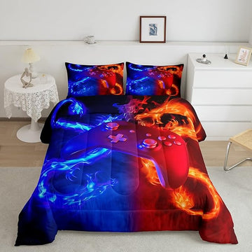 Ice Fire Dragon Comforter Set for Boys Teens Kids Gamer Games Room Decor Bedding Set Blue Red Gaming Gamepad Down Comforter ,Fairy Tale Animals Theme Room Decor 2Pcs Duvet Insert Twin Size,Soft