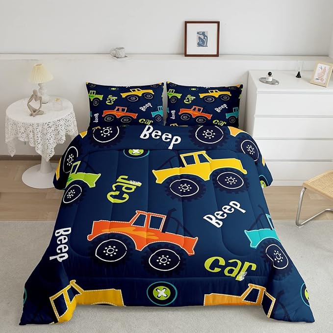Feelyou Cartoon Car Bedding Set Construction Kids Comforter Set Boys Equipment Trucks Decor Comforter Cartoon Car Excavator Tractor Duvet Set Quilt King Boys