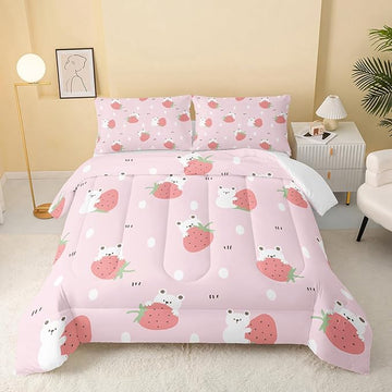 Cartoon Bear Comforter King Size,Pink Strawberry Comforter Set for Kids Teens Girls,3Pcs Bedding Set Printed Comforter with 2 Pillowcases,Down Alternative,Soft and Lightweight，King Size