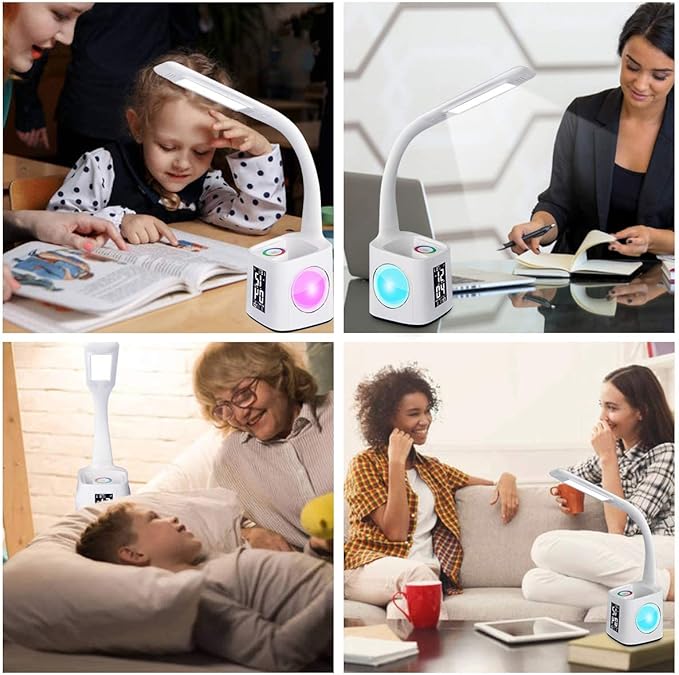 Study LED Desk Lamp with USB Charging Port, Kids Dimmable LED Table Lamp with Clock and Pen Holder, Home Office, College Student Dormitory, Reading Eye Protection Desk Lamp, Color Night Light,10W