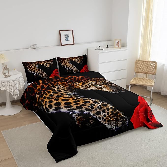 Erosebridal Red Rose Cheetah Comforter Set Full Size Leopard Print Comforter Rose Flower Down Comforter for Kids Boys Girls Youth Men Women African Savanna Wildlife Animal Theme Duvet Set, Red Black