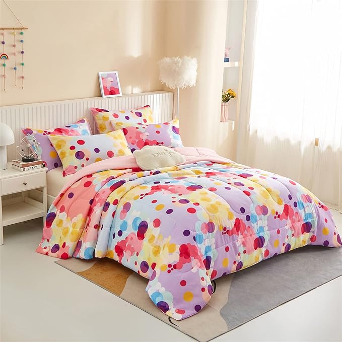 Rainbow Ombre Comforter Set Twin Size for Girls, Colorful Bubbles Polka Dots Comforter for Kids Teen, 2 Piece Orange Pink Purple Blue Gradient Pastel Bedding Set with 1 Pillow Case(Rainbow,Twin)
