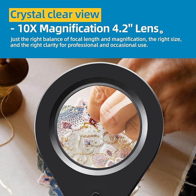 Magnifying with Light and 10X Real Glass Lens, Lighted in 5 Color Temperatures & 10 Dimmable Levels, Desk Edge Clip Mounted, Hands Free Positioning by 19.7' Gooseneck Arm