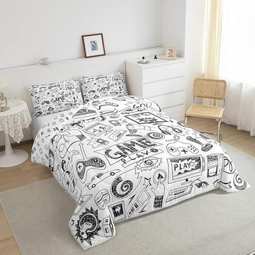 Erosebridal Gaming Comforter Set, Kids Gamepad Cartoon Bedding Set Full,Video Games Gamers Duvet Set Hip Hop Graffiti Quilt Set Racing Car Comforter Set, Black White Printed Bedroom Decor