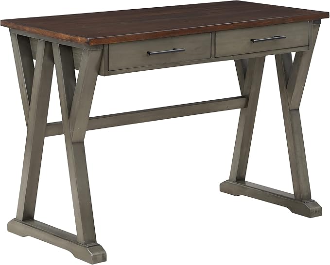 OSP Home Furnishings Jericho Rustic 42 Inch Writing Desk with 2 Drawers and Burnished Decorative Hardware, Slate Gray