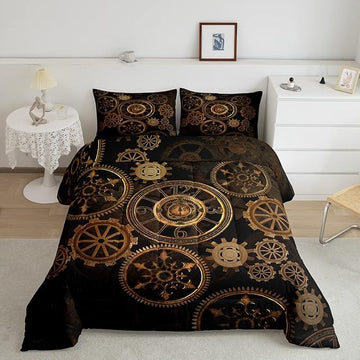 Golden Ndustrial Gear Comforter Set Full Size Steampunk Style Bedding Set Clocks Theme Bedding Sets & Collections For Kids Boys Teens Men Mechanical Device Quilt Set,Retro Style Bedroom Decor