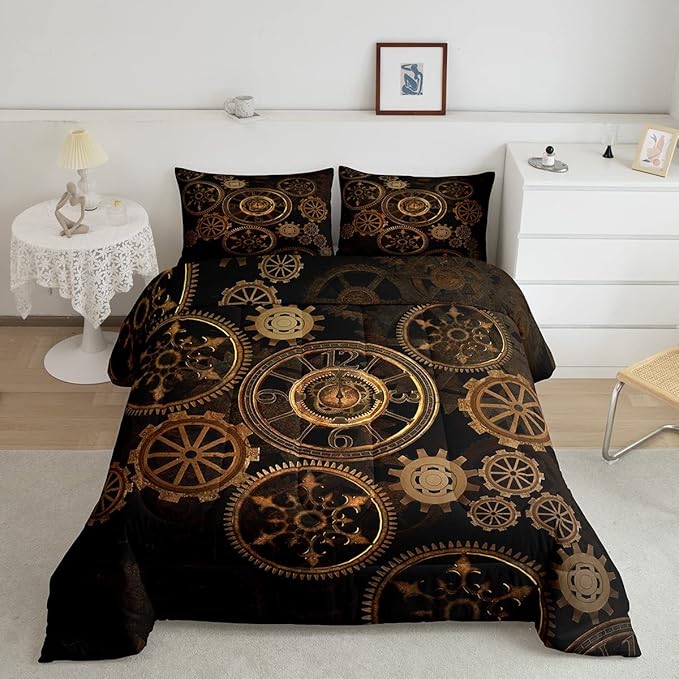 Golden Ndustrial Gear Comforter Set Full Size Steampunk Style Bedding Set Clocks Theme Bedding Sets & Collections For Kids Boys Teens Men Mechanical Device Quilt Set,Retro Style Bedroom Decor
