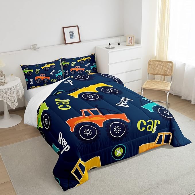 Feelyou Cartoon Car Bedding Set Construction Kids Comforter Set Boys Equipment Trucks Decor Comforter Cartoon Car Excavator Tractor Duvet Set Quilt King Boys