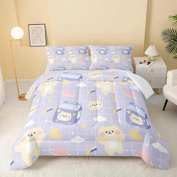 Bear Comforter King Size,Kawaii Comforter Set for Kids Teens Girls,3Pcs Bedding Set Printed Comforter with 2 Pillowcases,Down Alternative,Soft and Lightweight(Purple，King Size)