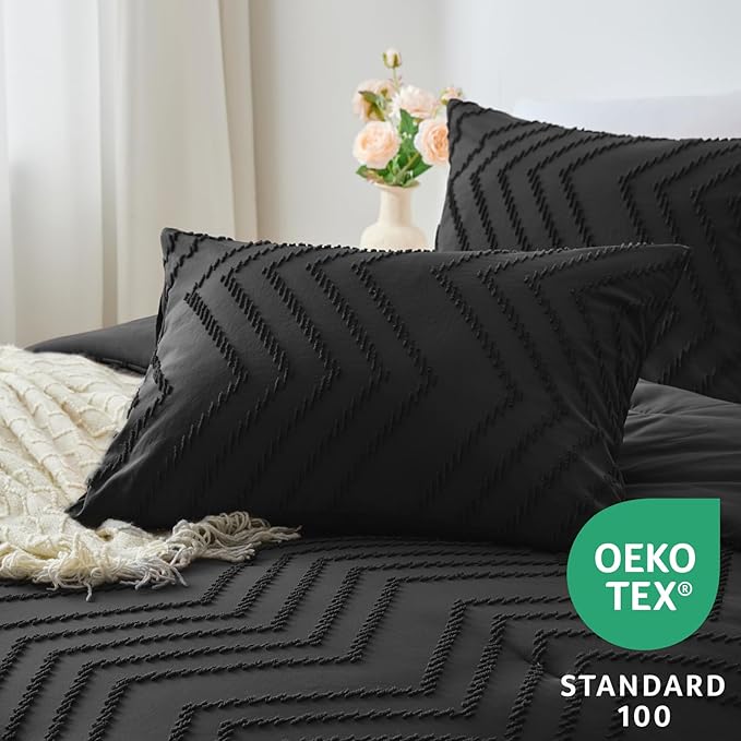 CozyLux Full Size Comforter Set Black - 3 Pieces Black Boho Tufted Shabby Chic Bedding Comforter Set for All Seasons, Chevron Bedding Sets with Comforter & 2 Pillow Shams