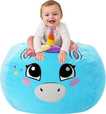 Aubliss Unicorn Stuffed Animal Storage, Velvet Bean Bag Chairs Cover, X-Large 38" Ultra Soft Kids Toy Storage Organizer for Blankets Towels Clothes Home Supplies, Blue Big Eyes