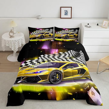 Yellow Sports Car Comforter Sets Full Size, Boys Race Car Bedding for Teens Girls Adult Extreme Speed Race Car Duvet Sets Black and White Grids Print Car Theme Bedroom Decor Quilts
