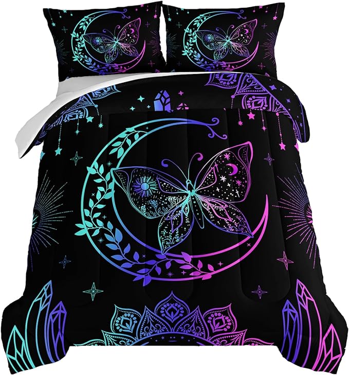 HOSIMA Butterfly Comforter Set 3Piece with 2 Pillowcases,Black Comforter Butterfly Aesthetics Room Decor,Boho Mandala Comforter Butterfly Bedding Set for Girls,Bohemian King Size Comforter Set.