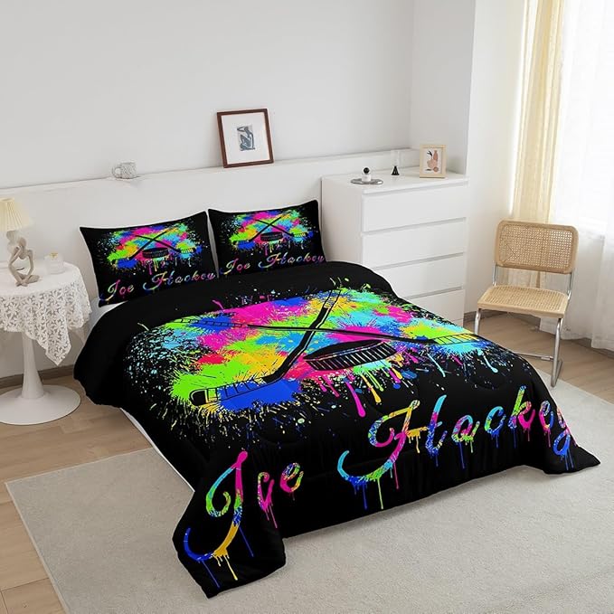 Feelyou Kids Ice Hockey Comforter Set King Size Gaming Sports Bedding Set for Boys Girls Teens Bedroom Decor Ice Sports Games Tie Dye Comforter Hockey Player Duvet Set with 2 Pillow Case