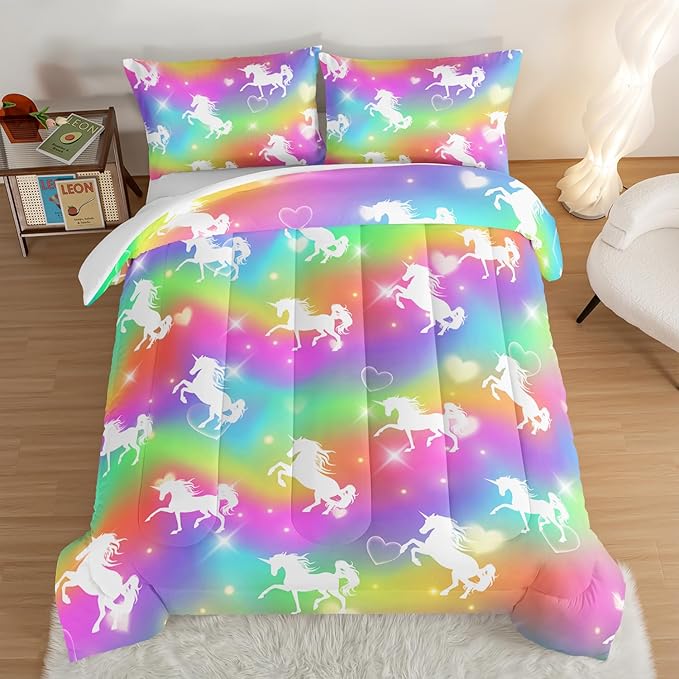 HOSIMA Unicorn Bedding 3pcs Rainbow Comforter Set with 2 Pillowcases,Sparkle Stars Queen Comforter Set for Adults Teen Girls,Cute Rainbow Unicorn Comforter Princess Toddler Bedding Set.