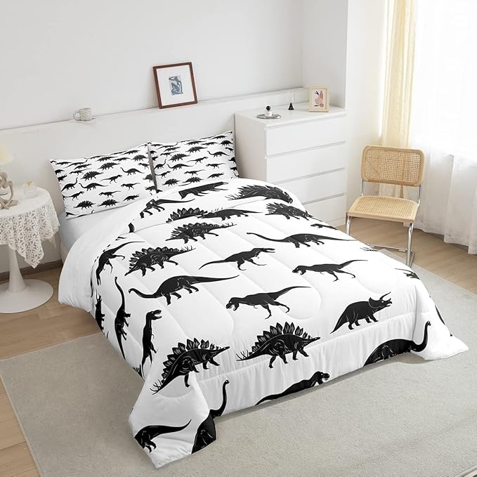 Erosebridal Dinosaur Bedding Set Dino Silhouettes Comforter Set Full Size, Wildlife Animals Black White Quilted Duvet for Kids Boys Teens Adult Bedroom Decor Dinosaurs Comforter with 2 Pillow Cases