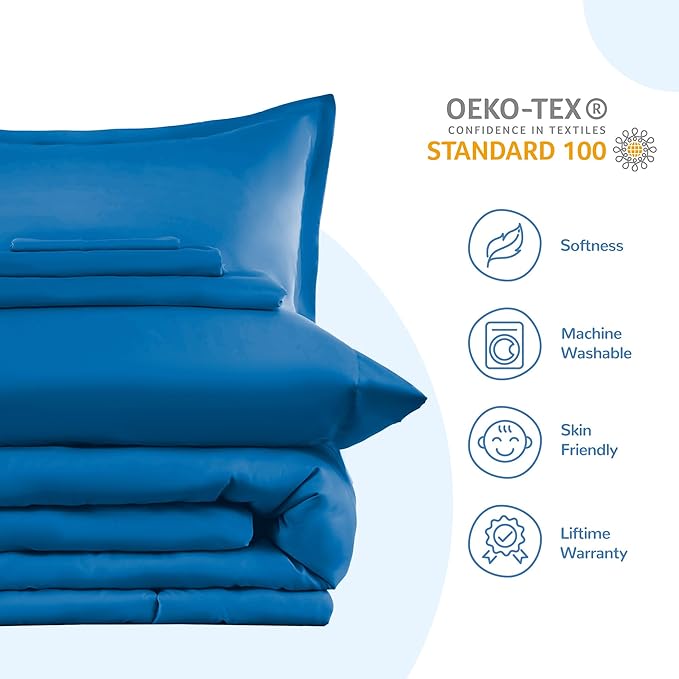 SLEEP ZONE Kids Bedding Comforter Set Full/Queen Size - Super Cute & Soft Kids Bedding 7 Pieces Set with Comforter, Sheet, Pillowcase & Sham (Blue)