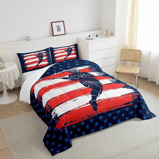 Feelyou Lacrosse Comforter Set Queen Size Boys Gilrs American Flag Sports Theme Bedding Set for Kids Adults Ultra Soft Lacrosse Player Games Comforter Navy Blue Duvet Set Room Decor Quilt Set