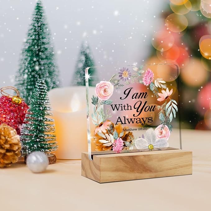 Bible Verse I am with You Always Desk Decor Acrylic Desk Sign Inspirational Scripture Christian Acrylic Plaque Home Office Desk Shelf Decoration Gift 4.7"x4.7"