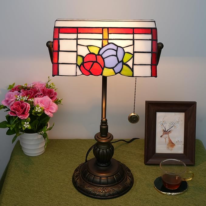 Bankers Lamp,Stained Glass Lamp,Dimmable Vintage Desk Lamp for Home Office Workplace Nightstand Bedroom Library Piano LED Bulb Included (roses)