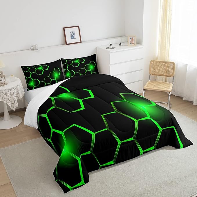 Honeycomb Kids Comforter Set Modern Geometry Hexagon Bedding Set for Boys Children Teens Bedroom Decor Geometrical Comforter Beehive Geometric Black Green Duvet Set Full Size with 3 Pillow Case
