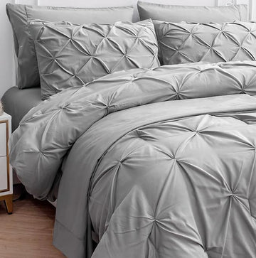 LANE LINEN 7 Piece Queen Comforter Set with Sheets, Pintuck Bedding Queen Size Set, Soft Bed in A Bag Queen, Pinch Pleated Queen Bed Set, Fluffy Queen Bedding Set with Pillowcases & Shams - Silver