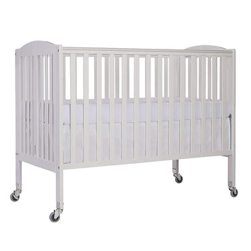 Folding Full Size Convenience Crib In White, Two Adjustable Mattress Height Positions, Comes With Heavy Duty Locking Wheels, Flat Folding Crib