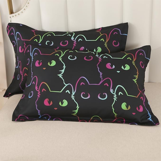 ENCOFT Kids Bedding Set Cat Comforter Set Full for Girls and Boys 3 Piece Cartoon Bed Set Black Comfortable and Breathable All Season for Teens and Adults Room Decor with 1 Comforter and 2 Pillowcases