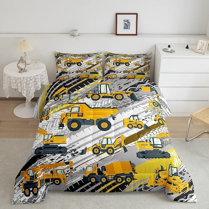 Boys Construction Comforter Set Truck Bedroom Decor for Kids Girls Under Construction Vehicles Down Comforter Nursery Children Cartoon Machinery Truck Excavator Bedding Tractor Cars Duvet Quilt, King