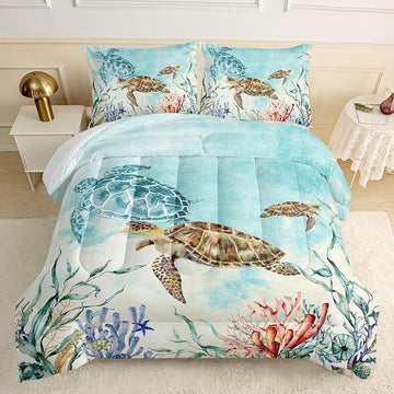 CVHOUSE Ocean Watercolor Sea Turtle Comforter Set, Queen Size, 1 Comforter, 2 Pillowcases, Polyester, for Adult, Teen, Kid, Modern Style, Unisex, Winter, Fall, Spring, Machine Wash