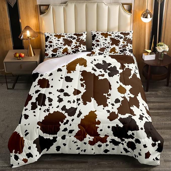 Cow Print Comforter Set Full Size Cowhide Bedding Set for Boys Girls Man Women Bedroom Decor Brown Bull Cattle Skin Down Comforter Wildlife Fur Hair Farmhouse Animal Skin Duvet Set