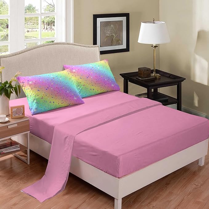 Full Size Comforter Set for Girls, Rainbow Comforter Set Full, 5 pcs Bed in A Bag, Girls Bedding Set Full, Kids Princess Girls Comforter Set, Pink Full Comforter Set with Fitted and Flat Sheet