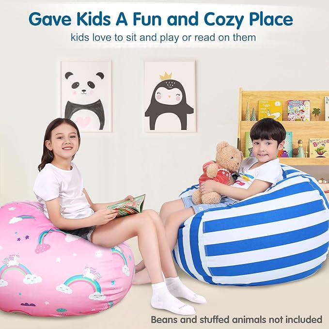 Lukeight Stuffed Animal Storage Bean Bag Chair Cover for Kids, Zipper Beanbag Chair Cover for Organizing Toddler & Kids' Rooms Plush Toys (Blue+White Velvet, XX-Large)