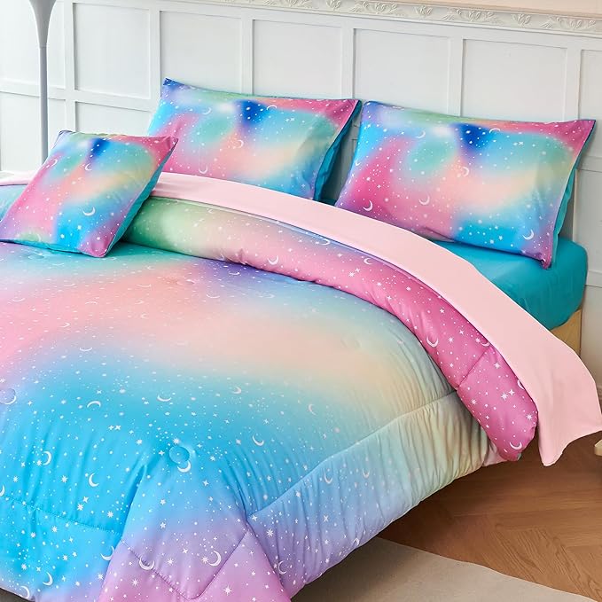 URBONUR Girls Full Bedding Set 6 Pieces Rainbow Comforter Set Full Size Multicolor Stars Printed Bed in a Bag, Soft & Fluffy Kids Bed Sets