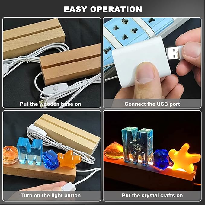 LED Light Display Base, 2 pcs 11.81 Inch Wooden LED Light Base for Acrylic, Rectangle Wood Display Pedestal, 3D Crystal Light Base For Glass Art, Wood Night LED Light Lamp Base with Usb Switch